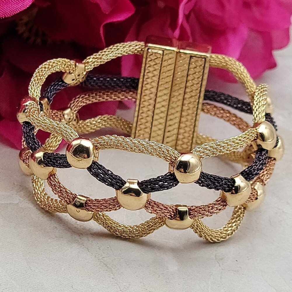 Tri-Color Woven Bracelet with Gold Bead Accents - Women Jewelry
